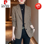 皮爾卡丹女裝上新千鳥格小西裝秋冬2022年新款秋裝氣質(zhì)上衣顯瘦休閑秋季毛呢外套女 咖啡格子-經(jīng)典色 M