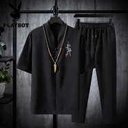 花花公子（PLAYBOY）亞麻套裝男款冰絲短袖t恤中式男裝中國風唐裝年輕棉麻爸爸裝 TZ025黑色 2XL 適合135至150斤