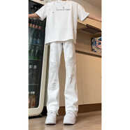 百鵲亭（BAIQUETING）cleanfit白色褲子男夏季高個(gè)子加長(cháng)直筒微喇褲美式高街破洞牛仔褲 白色 XL 建議110-140斤