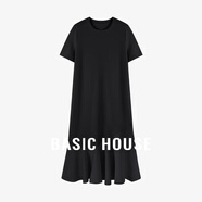 Basic House/百家好不規則拼接連衣裙寬松短袖中長(cháng)款裙子夏季新款 黑色 L