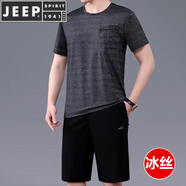 JEEP SPIRIT運動套裝男夏季2025新款冰絲圓領(lǐng)短袖T恤短褲寬松兩件套休閑服薄 124深灰【冰絲】 L (95-120斤)
