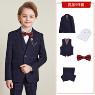ELPA兒童西服套裝男童小西裝外套中大童花童禮服男孩格子鋼琴演出服裝 深藍(lán)格5件套：3件套+襯衫+領(lǐng)結(jié) 150碼 身高140-150cm 重79-84斤
