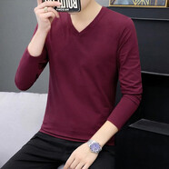 金盾男士長(cháng)袖T恤雞心領(lǐng)百搭內衣服棉長(cháng)軸秋衫純色秋衣外穿V領(lǐng)打底衫 酒紅V領(lǐng)長(cháng)袖 L(建議105-120斤)