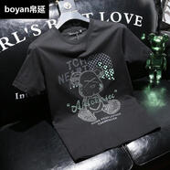 帛延歐洲站高端圓領(lǐng)絲光棉短袖T恤男夏季新款重工燙鉆小熊體恤修身潮 黑色 3XL