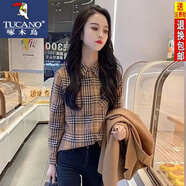 啄木鳥(niǎo)格子襯衫女春秋新款職業(yè)正裝淑女風(fēng)打底衫長(cháng)袖百搭襯衣POLO領(lǐng)上衣 6966#小格 XL 【建議120-136斤】