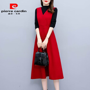 皮爾卡丹毛呢背心連衣裙子女裝秋冬季2024年新款氣質(zhì)中長款打底假兩件減齡 大紅色《高級感媽媽減齡遮肉顯瘦 S (90斤以下)