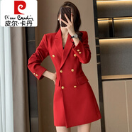 皮爾卡丹（pierre cardin）2025年春款女裝西裝氣質(zhì)連衣裙風(fēng)衣中長(zhǎng)款雙排扣英倫風(fēng)大衣高端秋 紅色西裝連衣裙 S