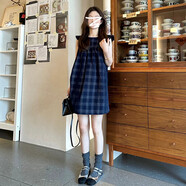 菲尼東爵藍色小飛袖格子吊帶連衣裙子女裝春夏2025新款小個(gè)子無(wú)袖背心短裙 【藍格裙】 M 45/55kg