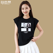 自由系美式白色正肩印花無袖t恤女短袖夏季小飛袖坎肩背心寬松上衣