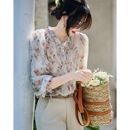 德瑪納【溫柔御姐OOTD】春秋韓系雪紡印花襯衫泡泡袖荷葉邊襯衣