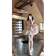 歐維沃夏季甜心Lolita洛麗塔粉色公主蓬蓬裙設(shè)計感飛飛袖蝴蝶結(jié)重工裙子 S