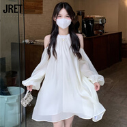 Jret法式氣質高級感仙女露肩裙子掛脖長袖茶歇春裝新款小個子連衣裙女 杏色 (M201連衣裙) S 建議 80-95斤