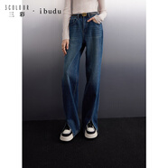 IBUDU2024冬季新款復(fù)古加絨牛仔褲開叉長褲直筒褲休閑垂感女 霧霾藍(lán) 155/64A/S