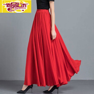 初徑新款夏季半身裙女白色高腰A字中長(cháng)大擺跳舞裙純色紅色長(cháng)裙子 大紅色（1306/雙層有內襯） 裙長(cháng)90cm 適合身高158-165