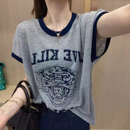 珞達達短袖t恤女2025夏季新款女裝圓領(lǐng)體恤韓版寬松顯瘦半袖上衣打底衫 灰色老虎 2XL 建議120-130斤
