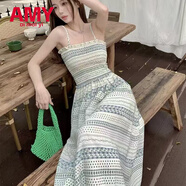 愛麥依夏季2025吊帶條紋連衣裙氣質(zhì)法式度假海邊休閑百搭長裙 松緊吊帶杏色 M 95-108斤