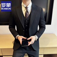 羅蒙（ROMON）雙排扣槍駁領(lǐng)西裝男套裝修身休閑韓版商務(wù)正裝男士結(jié)婚三件套西服 337黑色單排扣【單件西服】 3XL