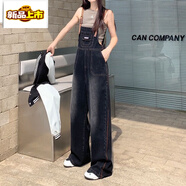 初徑港味復古黑灰背帶褲女秋冬慵懶風(fēng)ins寬松闊腿顯瘦百搭休閑牛仔褲 黑色 S