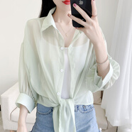 浪莎防曬衣女開衫外搭新款夏季短款雪紡薄款七分防曬服襯衫披肩女時尚 淡綠色 XL 125-145斤