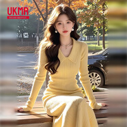 UKMR針織打底連衣裙子女春季2025新款配大衣內(nèi)搭長裙長款毛衣裙 【黃色】 L 105-115斤