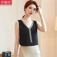 伊婭莎職業(yè)裝V領(lǐng)吊帶背心女緞面夏新款內(nèi)搭薄款流蘇鏈條小吊帶外穿休閑打底衫可調(diào)節(jié)吊帶衫時(shí)尚性感上衣 單件9165黑色背心 S（推薦80-90斤）