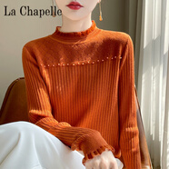 拉夏貝爾（La Chapelle）精紡半高領(lǐng)羊 毛衫女蕾絲花邊鏤空提花長(cháng)袖針織毛衣釘珠打底衫上 純100自動(dòng)發(fā)熱南瓜色 純100自動(dòng)發(fā)熱XL