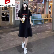 皮爾卡丹（pierre cardin）純棉T恤裙女2024新款夏季中長款寬松大碼短袖長t裙時(shí)尚直筒連衣裙 黑色(BALT兔) S
