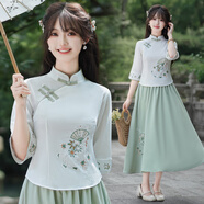 妖妮漢服女成人年輕日常旗袍演出2025新中式國(guó)風(fēng)棉麻刺繡雪紡裙兩件套 6255白綠色兩件套 4XL (建議體重130-140斤）