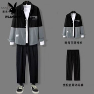 花花公子三件套裝春季新款休閑套裝男潮流一套搭配帥氣一整套寬松襯衫男裝 拼接貼標(biāo)黑色+休閑褲[兩件套] 均碼 4XL160-180斤