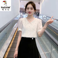 啄木鳥(niǎo)冰絲襯衫高端女雪紡小衫短袖女夏季超仙設計感上衣娃娃領(lǐng) 白色 有內襯不透 2XL 建議124-133斤