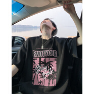 普戈斯（PUGESI）重磅短袖t恤男潮牌潮流美式復(fù)古oversize寬松痞帥純棉高街體恤衫 黑色 M