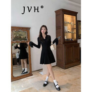 JVH香港潮牌貼身針織衫連衣裙女 2025春季新款V領(lǐng)毛衫收腰百褶短裙子 黑色 M