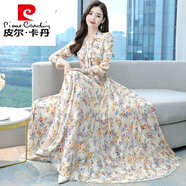 皮爾卡丹碎花連衣裙2024年新款春季女裝名媛氣質(zhì)雪紡長(cháng)款高等長(cháng)袖春秋裙子 2025杏色 L