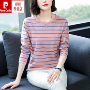 皮爾卡丹（pierre cardin）棉長袖t恤女2025春秋新款條紋圓領打底衫寬松遮肉上衣 377K粉色 XL 【120-135斤】