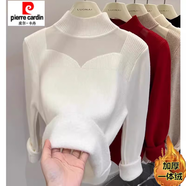 皮爾卡丹（pierre cardin）加絨加厚半高領(lǐng)毛衣女秋冬新款內搭一體絨蕾絲紗網(wǎng)針織打底衫上衣 加絨白色  加厚 均碼 建議75到135斤