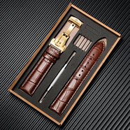 寶齊萊手表帶頭層牛皮表帶男女款蝴蝶扣通用表帶配件20mm22mm 棕色+金扣 22mm寬度