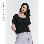 初棉羅紋領(lǐng)口60s液氨正肩白色短袖T恤 夏季長(cháng)絨棉圓領(lǐng)內搭體恤女 經(jīng)典黑-方糖領(lǐng) S