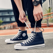 人本男士高幫經(jīng)典帆布鞋秋季新款平底百搭板鞋情侶學(xué)生高邦運動(dòng)球鞋 藍色 41男款