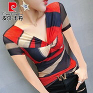 皮爾卡丹（pierre cardin）短袖上衣女歐洲站2025夏季新款時(shí)尚豹紋印花性感V領(lǐng)修身網(wǎng)紗T恤 Q31-短袖【紅藍(lán)條】 S 建議90-100斤