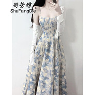 舒芳蝶（shufangdie）藍(lán)色碎花吊帶連衣裙套裝2025夏季新款女裝收腰開衫配海邊度假裙子 單件 藍(lán)色吊帶裙 M