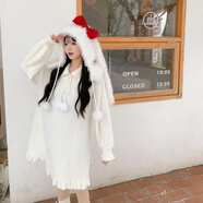 森女部落原創(chuàng  )秋冬打底裙純色基礎款針織內搭連衣裙長(cháng)袖裙子寬松冬 白色連衣裙 M