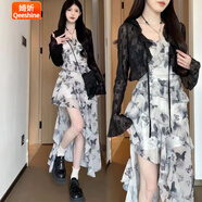 婍妡（Qeeshine）2025新款開衫不規(guī)則水墨蝴蝶吊帶裙設(shè)計碎花吊帶裙連衣裙套裝 黑開衫+蝴蝶裙(優(yōu)質(zhì)版) XL