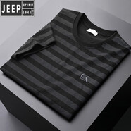 JEEP SPIRIT歐貨高端刺繡仿亞麻條紋t恤男短袖修身夏季冰絲薄款圓領(lǐng)半袖T恤 黑色【刺繡高端短 袖T恤】 XL 建議125-140斤