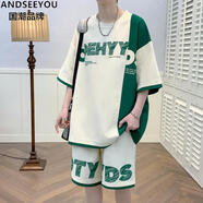ANDSEEYOU短袖套裝男青少年短袖t恤男歲初中學(xué)生潮流帥氣大童夏裝套裝圓領(lǐng) TF-899米白短袖+短褲 L100-120斤左右