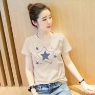 纖蕓沐短袖t恤女純棉夏季女裝寬松休閑短袖時(shí)尚國風(fēng)半袖百搭體恤衫女 杏色（星星）常規短袖 L