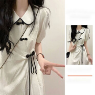 GUOCILRN中國風(fēng)溫柔娃娃領(lǐng)新中式連衣裙女學(xué)生夏季設(shè)計(jì)感收腰顯瘦a型裙子 杏色連衣裙 L