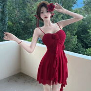 FSHE女夏季純欲荷葉邊紅色短裙性感褶皺不規(guī)則裙收腰顯瘦吊帶連衣裙女 紅 XL 130-150斤