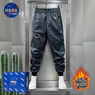 NASALIKE重磅加絨加厚長(cháng)褲男士冬季騎手皮褲男機車(chē)保暖防風(fēng)百搭修身束腳休 拼接綠色【加絨加厚】 2XL 140-155斤