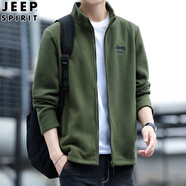 JEEP SPIRIT衛(wèi)衣男士秋冬修身休閑立領(lǐng)色加絨加厚保暖開衫外套 軍綠色 XL