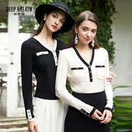 深呼吸DEEP BREATH女裝V領(lǐng)裝飾扣拼色修身小香風(fēng)羊毛針織衫女A301120 黑 L (4碼)